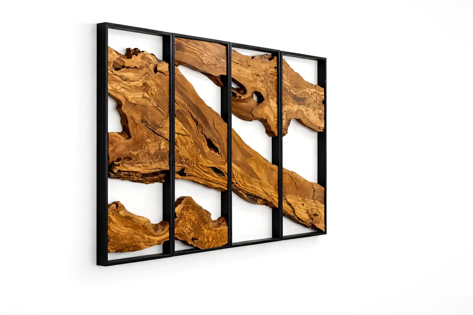 Flawless 4-piece geometric configuration of Olive Wood Rectangular Wall Art against a minimalist clean white background.