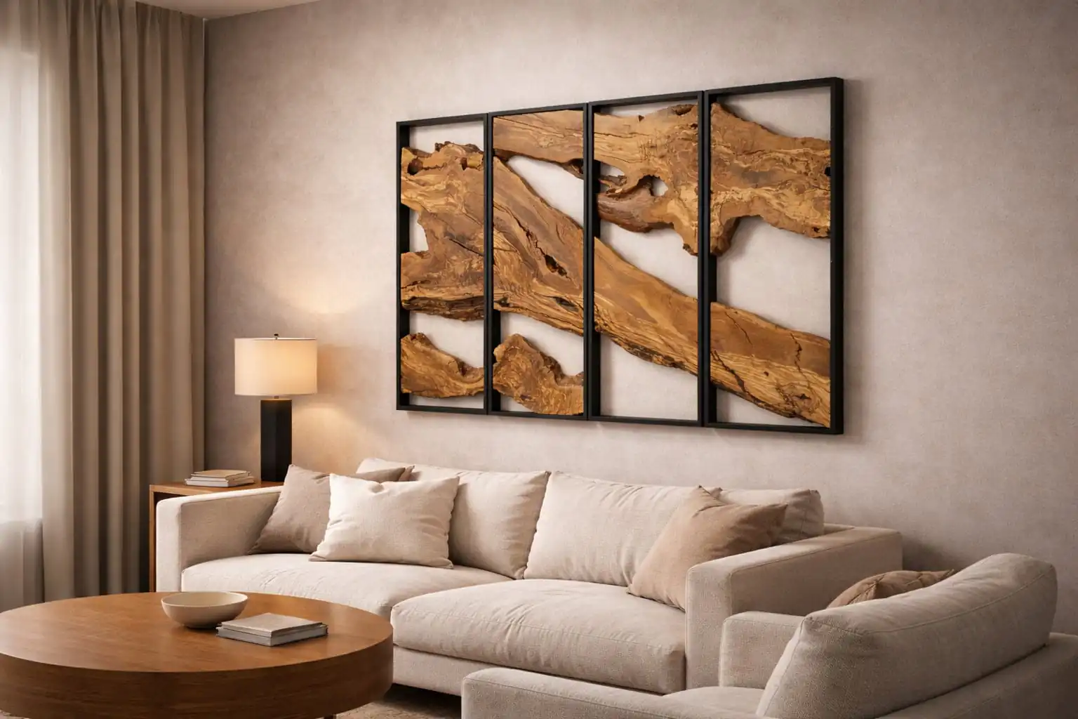 Unmatched custom scale example of a majestic 60-by-10-inch singular block piece of Olive Wood Rectangular Wall Art.