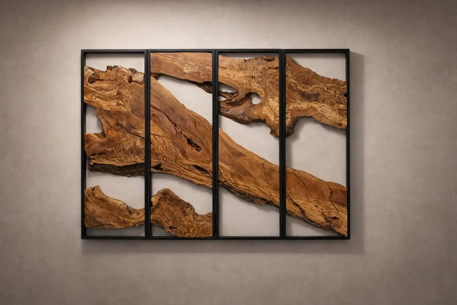 Flawless 4-piece geometric configuration of Olive Wood Rectangular Wall Art against a minimalist clean white background.