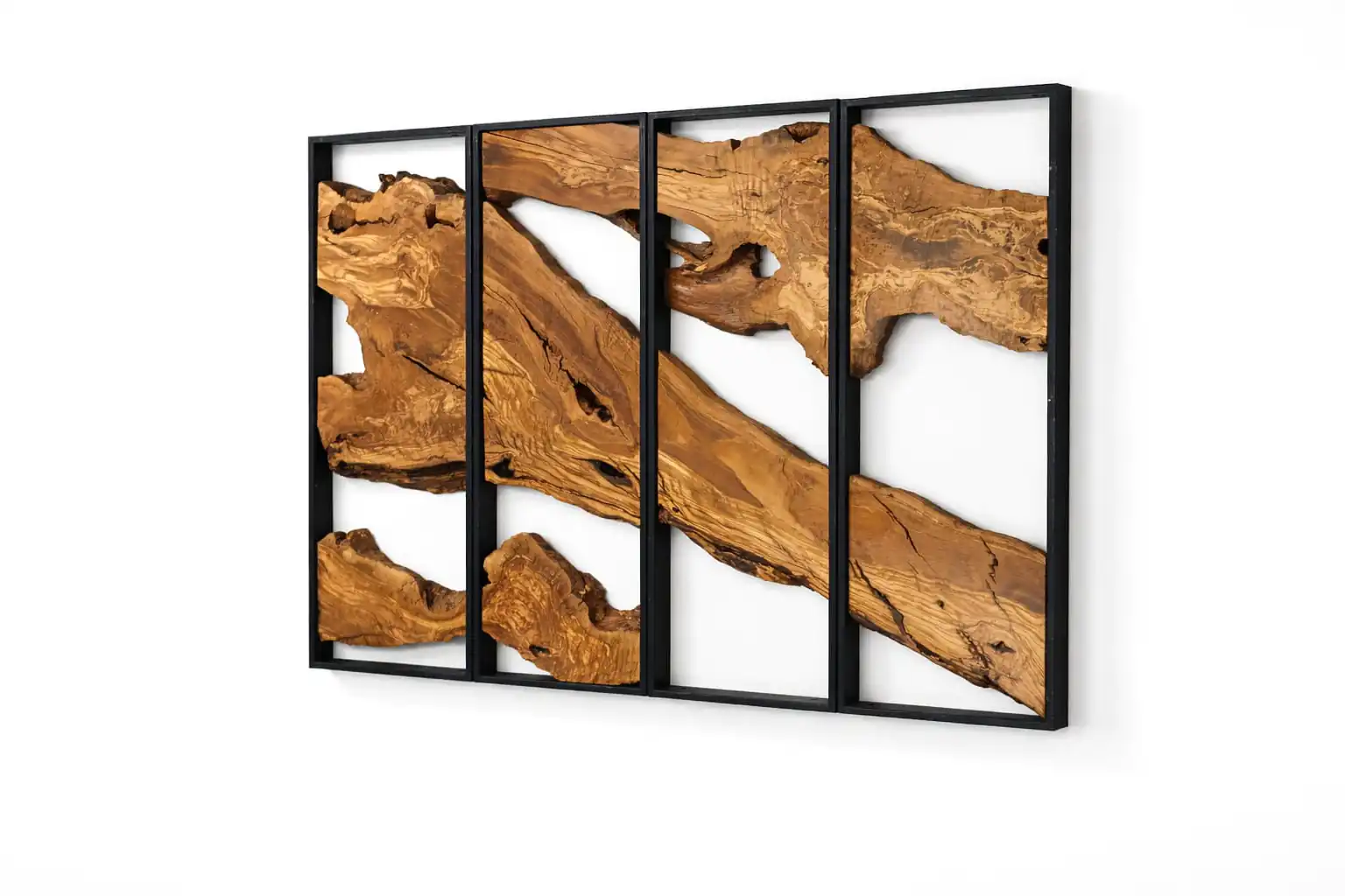 Premium multi-panel Olive Wood Rectangular Wall Art featuring rich organic grain textures framed in matte black steel.