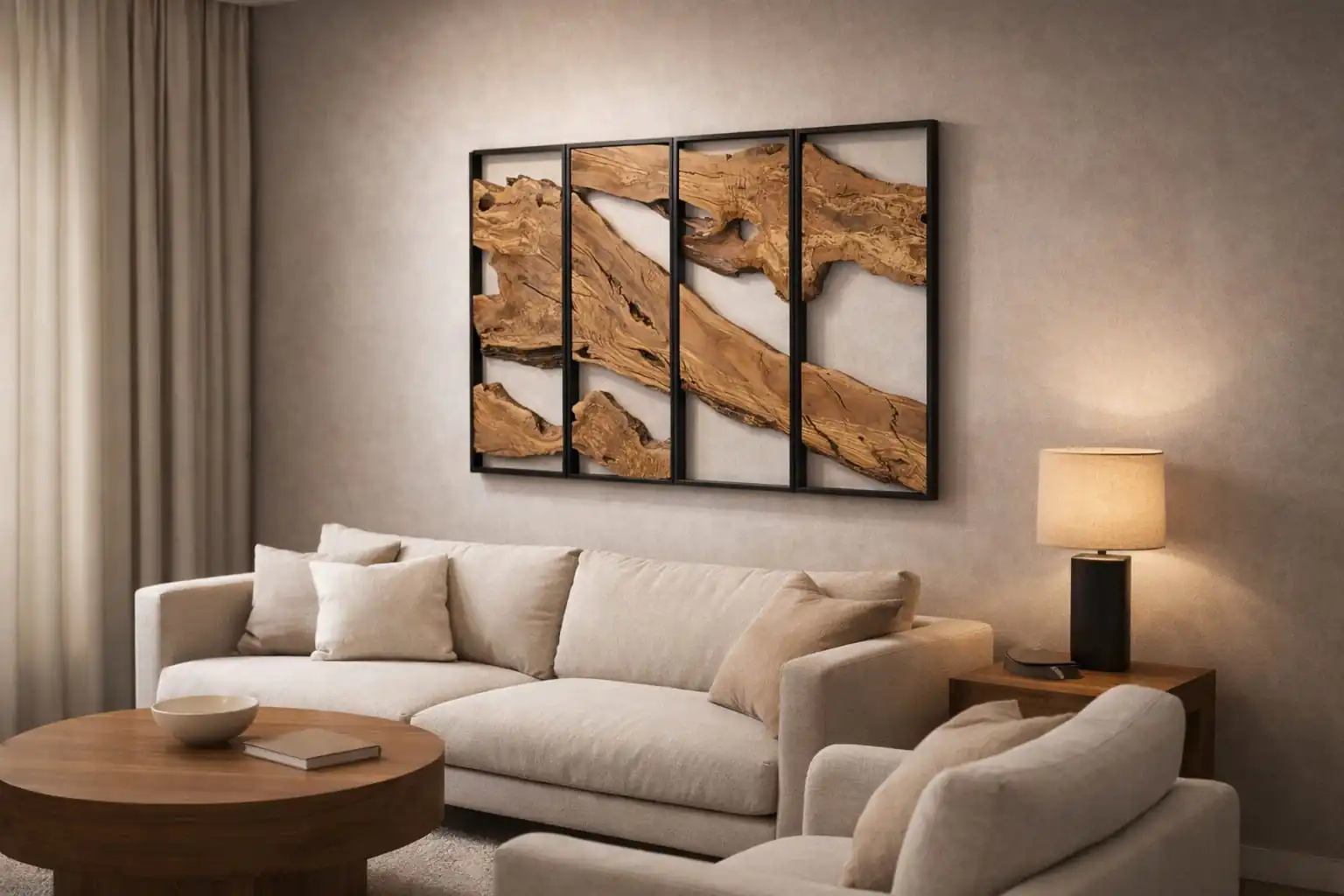 Modern luxury living room feature wall styled with a breathtaking 3-piece Olive Wood Rectangular Wall Art set.