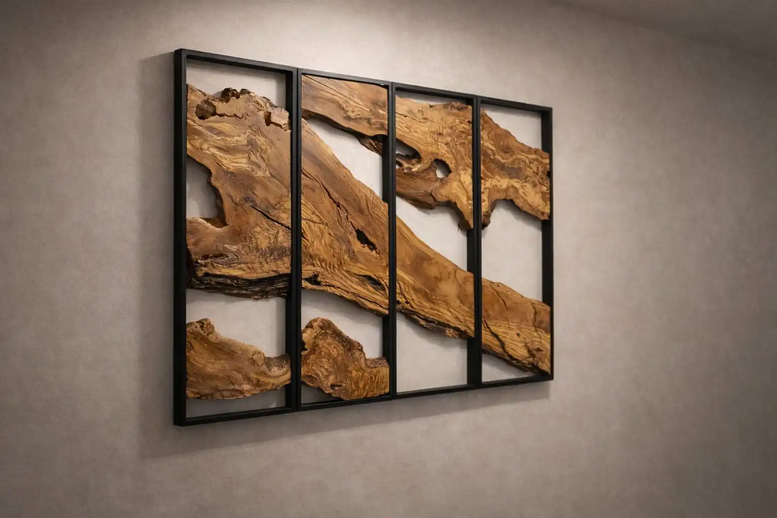 Stunning side-angle perspective highlighting the true 10-inch vertical depth consistency of Olive Wood Rectangular Wall Art panels.