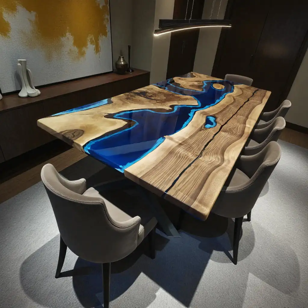 Large custom blue and white epoxy dining table set up with seating for eight people.