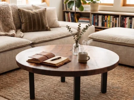 Beautiful side profile of the architectural mid-century modern round walnut coffee table showing its elegant edge bevel.