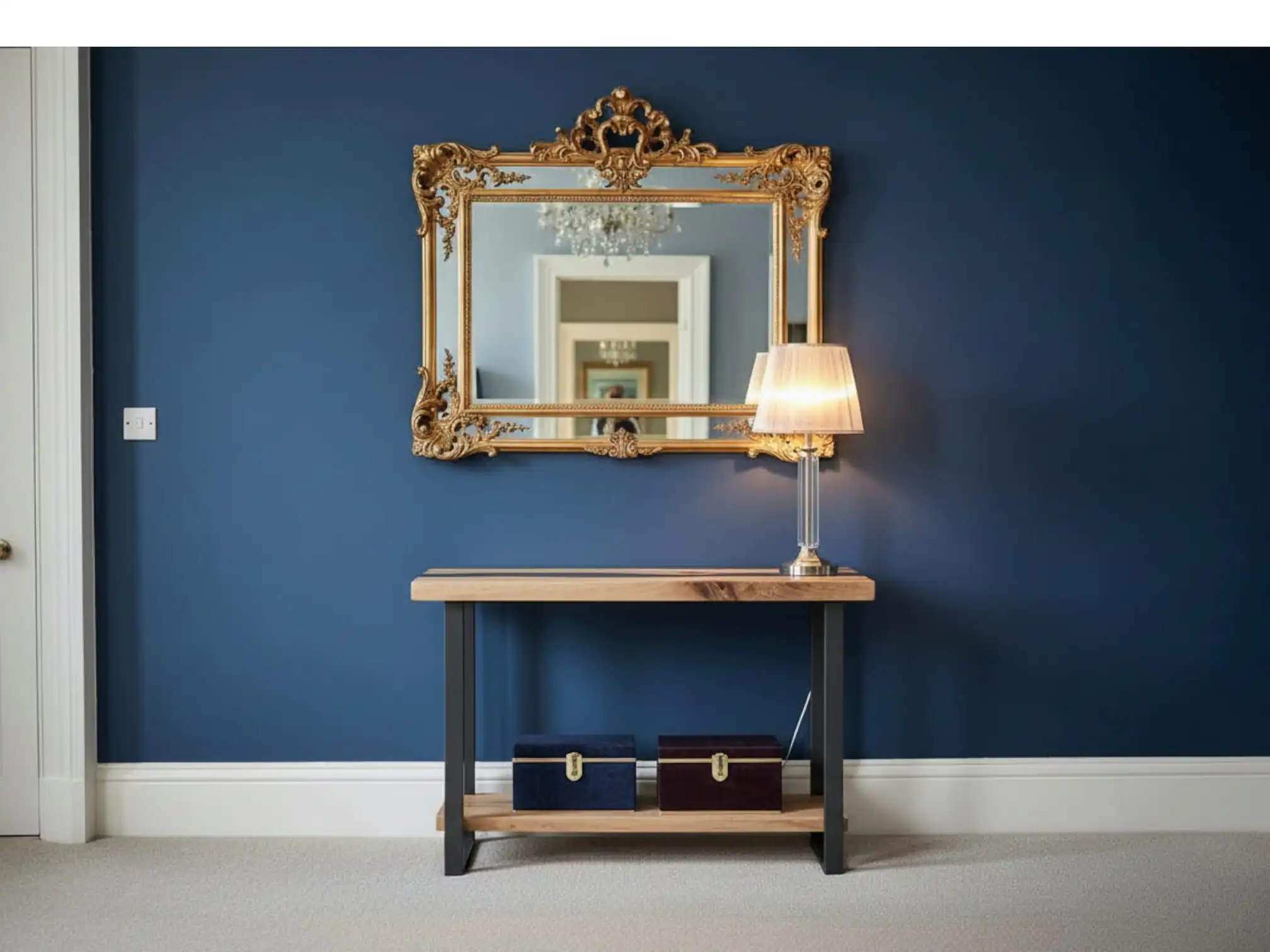 An elite luxury foyer showcase highlighting our signature Epoxy Console Table with Shelf crafted from dark walnut.
