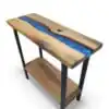 Technical view of the architectural powder-coated steel legs securing the Epoxy Console Table with Shelf framework.
