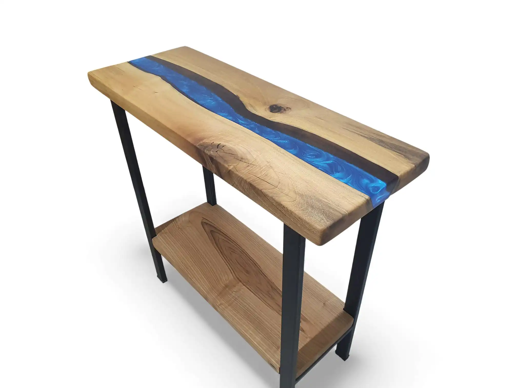 Technical view of the architectural powder-coated steel legs securing the Epoxy Console Table with Shelf framework.