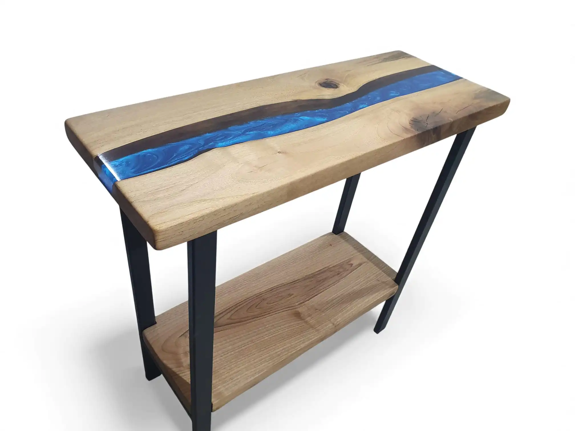 Luminous overhead perspective tracking the clear liquid polymer stream on a 2 Tier Epoxy River Entryway Table layout.