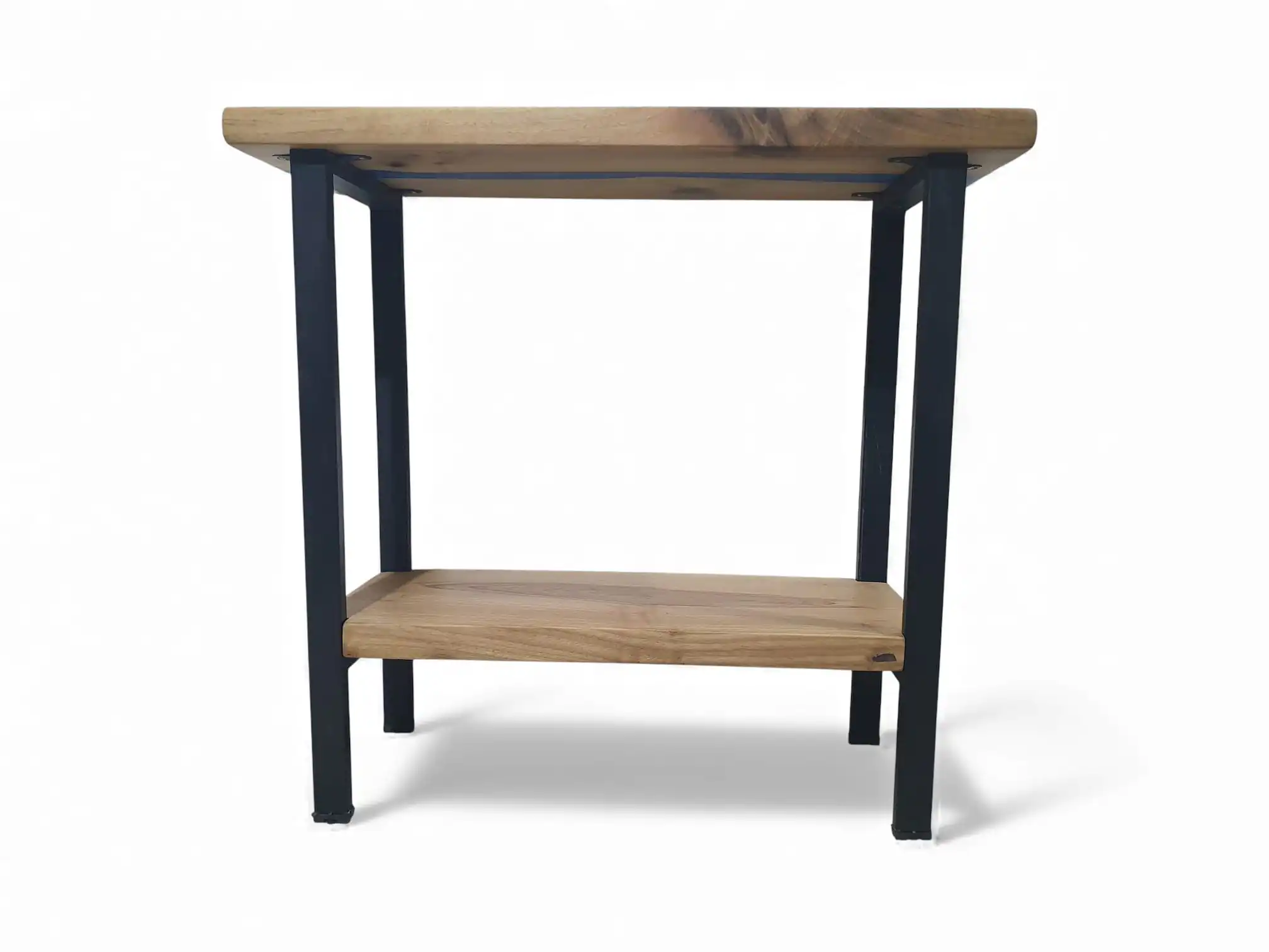 A space-saving 14-inch deep custom Epoxy Console Table with Shelf anchoring a minimalist modern apartment corridor.