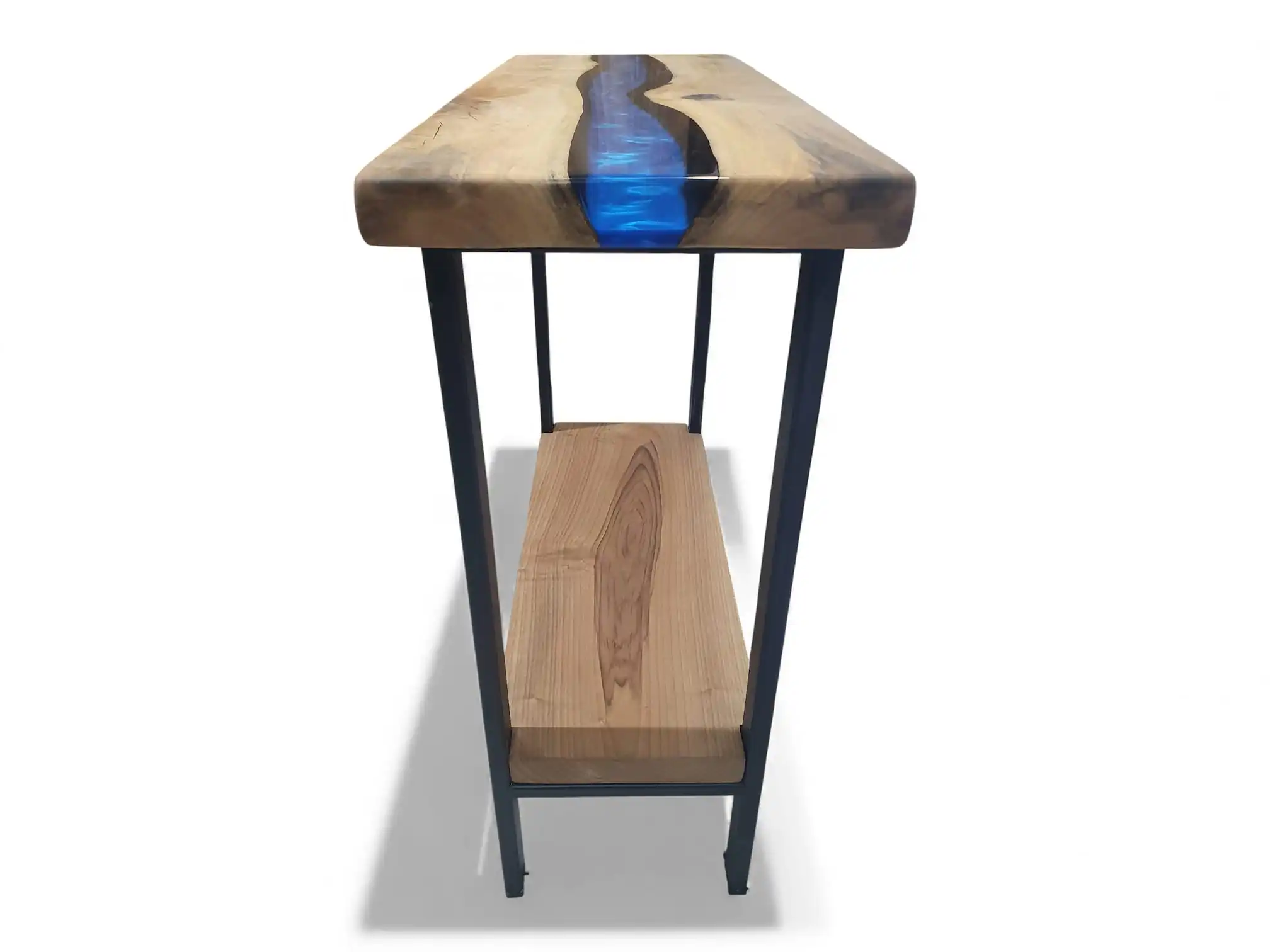 Focus on the functional storage capacity of the bottom tier on our Epoxy Console Table with Shelf.