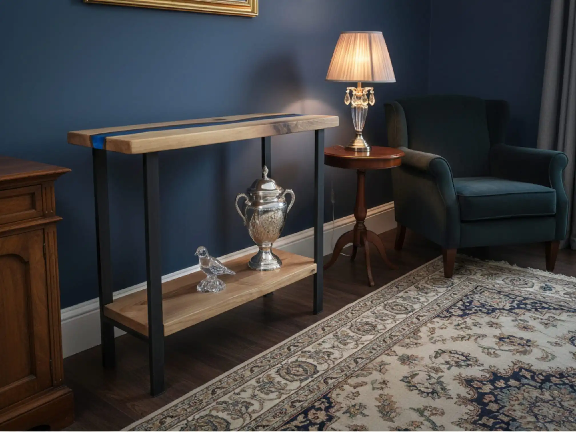 An elite luxury foyer showcase highlighting our signature Epoxy Console Table with Shelf crafted from dark walnut.