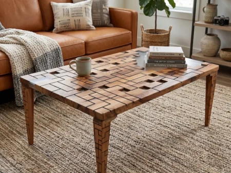 Luxury living room environment featuring the retro brickwork walnut table.