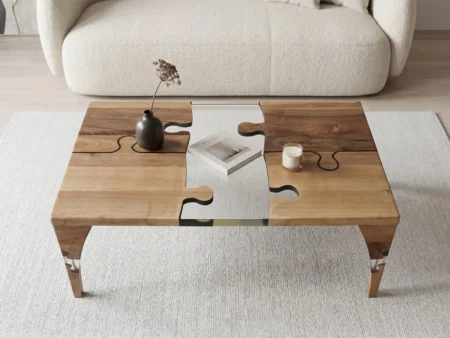 Breathtaking luxury living room setup featuring a puzzle epoxy coffee table centered between modern sofas.