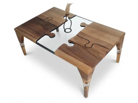 Detailed view of the design-registered interlocking joints of the puzzle epoxy coffee table.