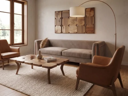 Breathtaking luxury living room environment featuring the Walnut Patchwork Wooden Coffee Table as a contemporary design anchor.
