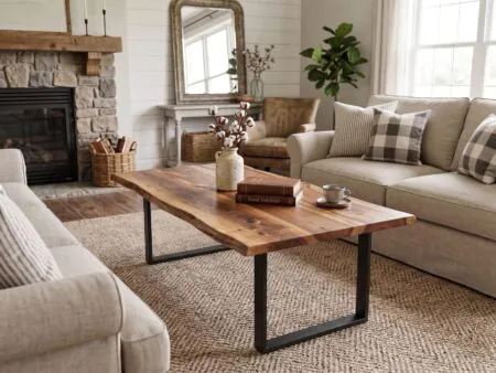 Breathtaking luxury living room environment featuring the Live Edge Wood Coffee Table as a contemporary centerpiece.