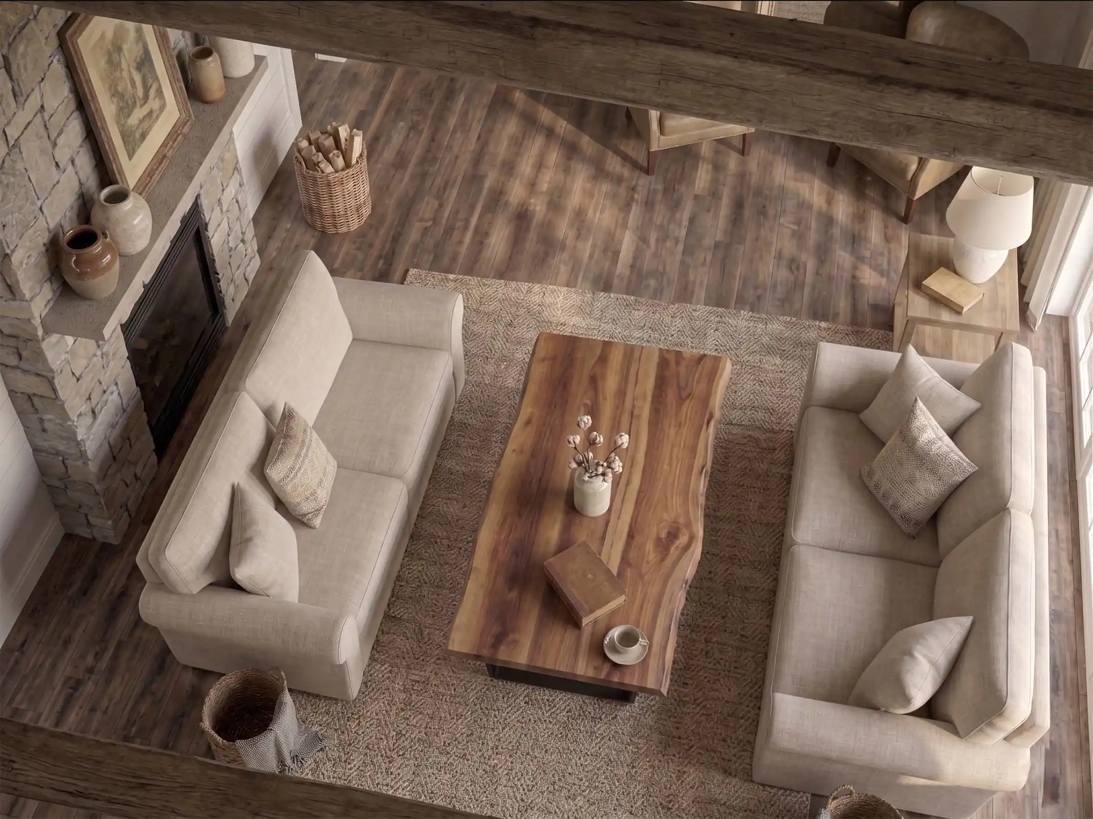 High-angle lifestyle perspective of the Live Edge Wood Coffee Table styled beside a modern low-profile sectional sofa.