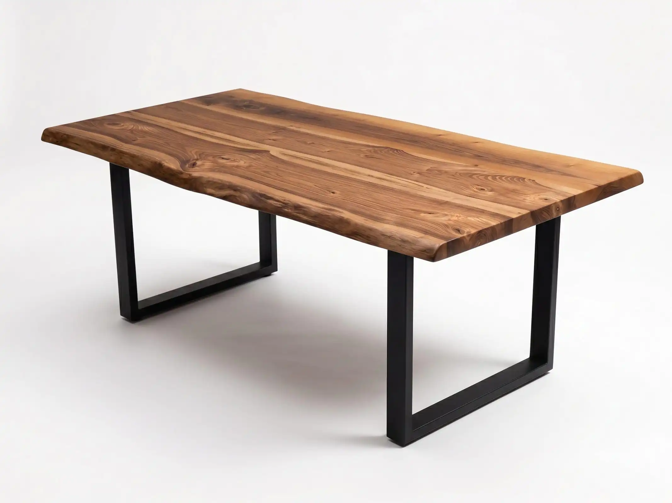 Side profile shot emphasizing the solid thickness and smooth bevel of the Live Edge Wood Coffee Table on a white background.