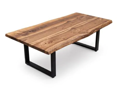 Close-up of rich cathedral wood grain and natural sapwood contrast on a Live Edge Walnut Coffee Table surface.