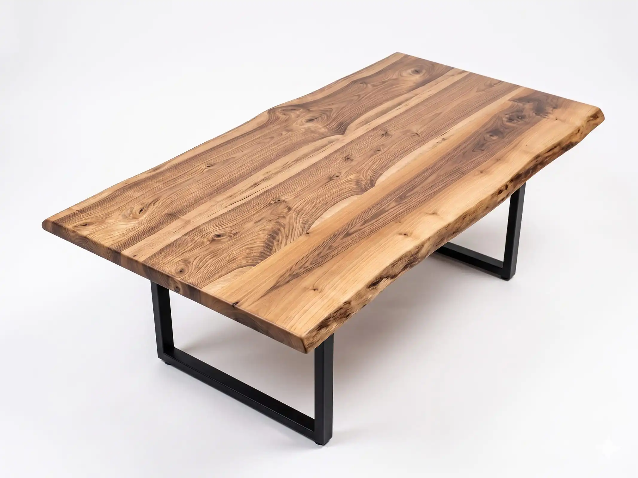 Top-down studio shot displaying the natural asymmetrical flow of a custom Live Edge Wood Coffee Table on a white background.
