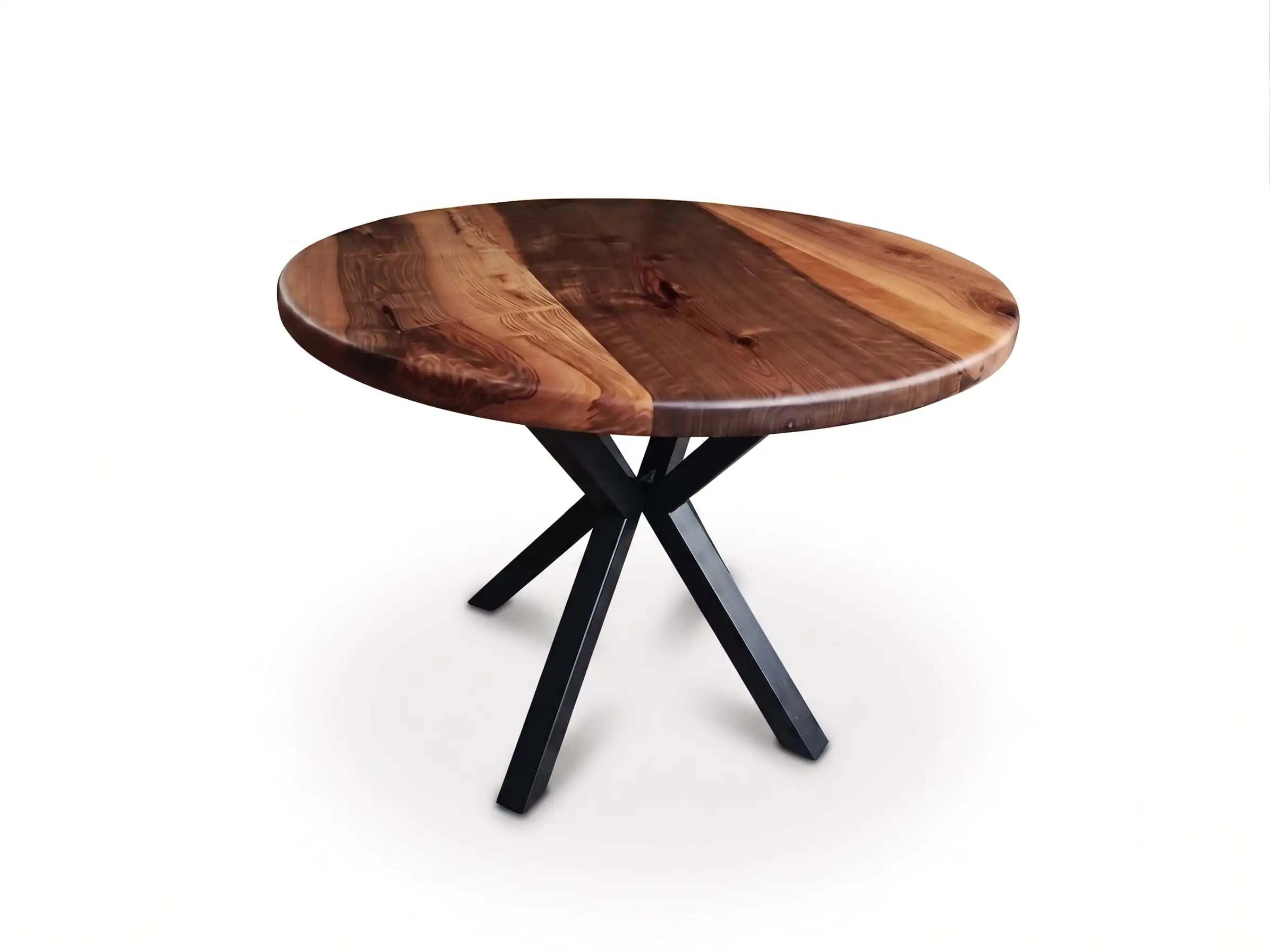 An overhead shot of our premium Round Solid Walnut Dining Table showcasing rich circular wood grain against a clean white background.
