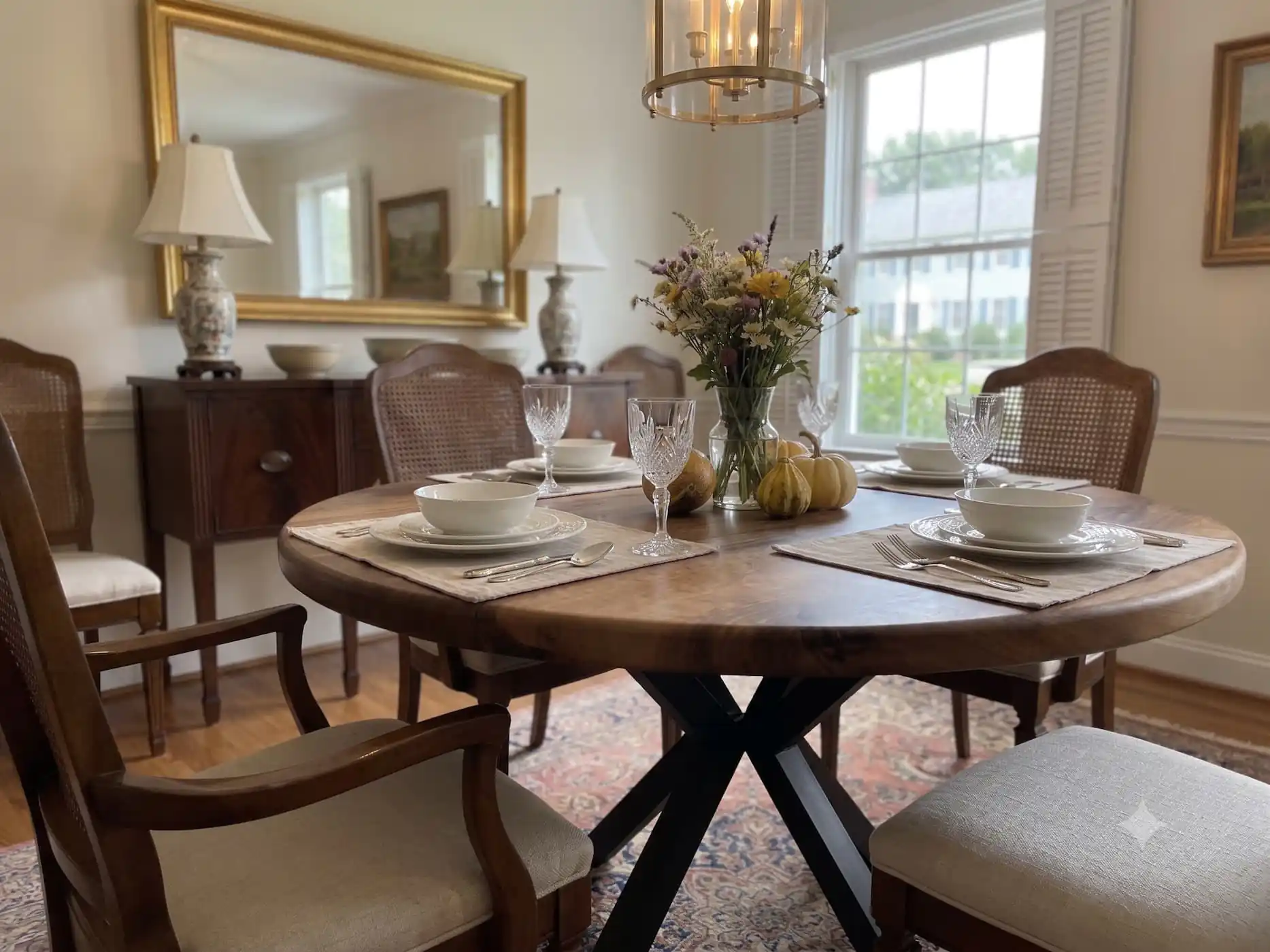 Diagonal lifestyle angle capturing the warm tones and spider leg design of the Round Walnut Dining Table.
