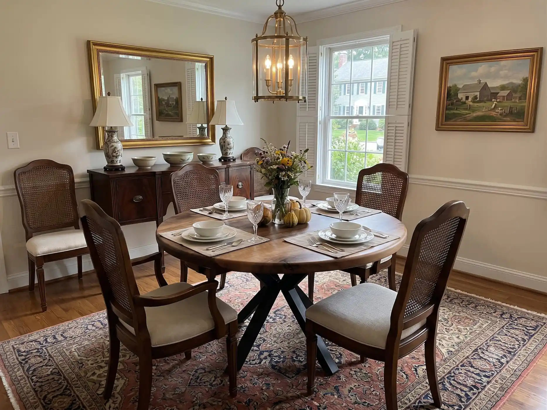Breathtaking luxury dining room setting featuring the Round Walnut Dining Table as a contemporary centerpiece.