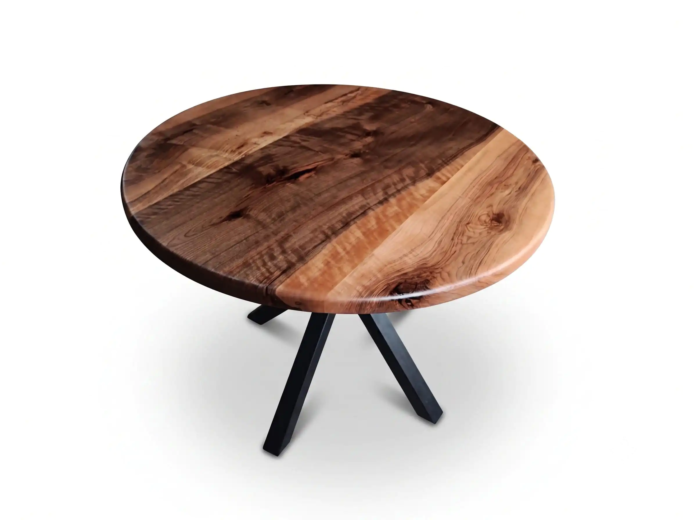 Detailed view of the chamfered edge profiling on the Round Walnut Dining Table top surface.