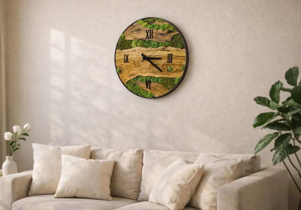 Handcrafted moss olive wood wall clock displayed on a textured wall combining botanical art with timepiece function.