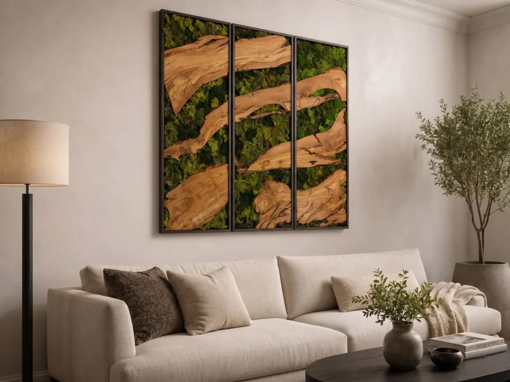 Large circular preserved moss and wood wall art mounted above a modern credenza in an architectural living room.