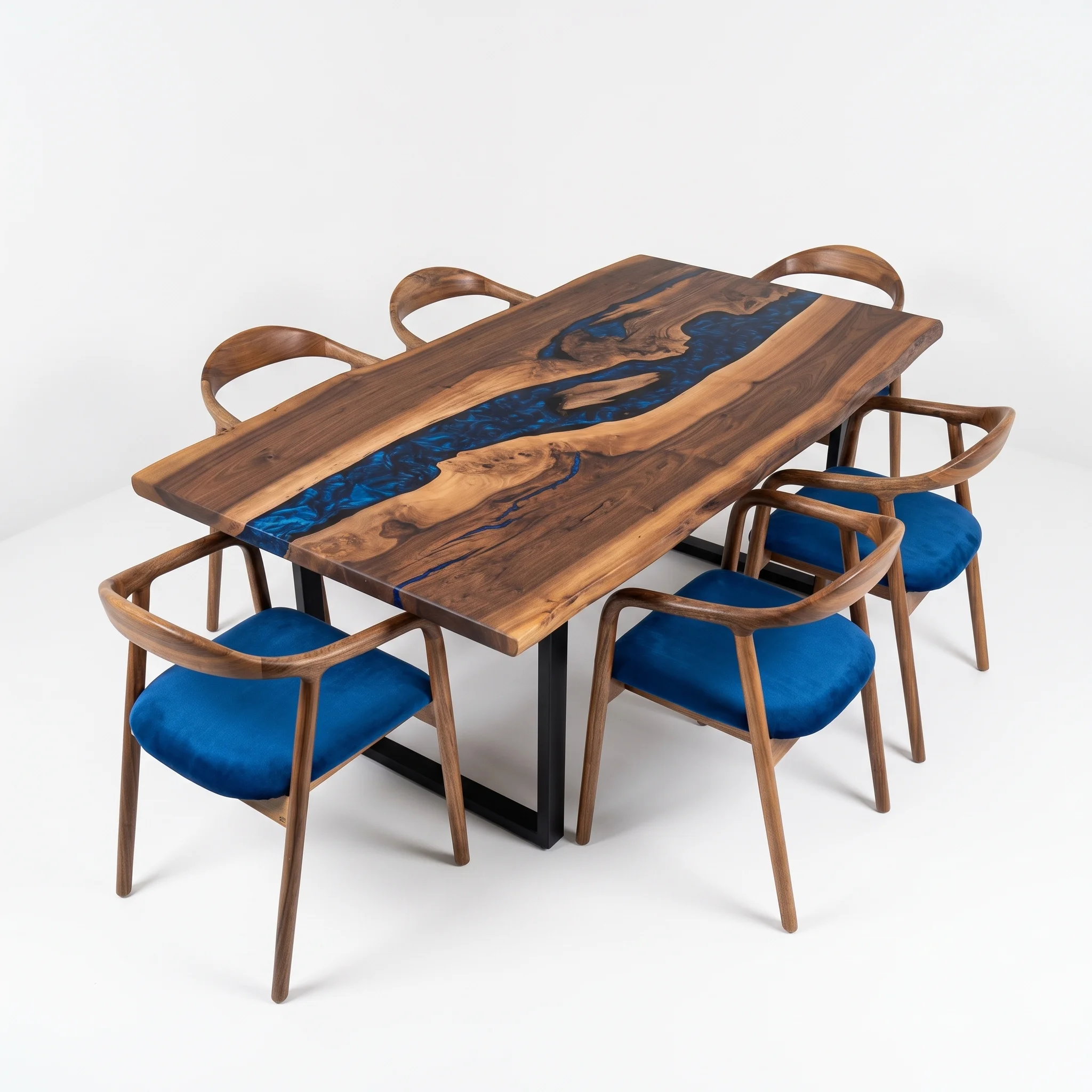 Bespoke epoxy dining table with chairs showcasing deep navy blue river and tailored Heritage seating.
