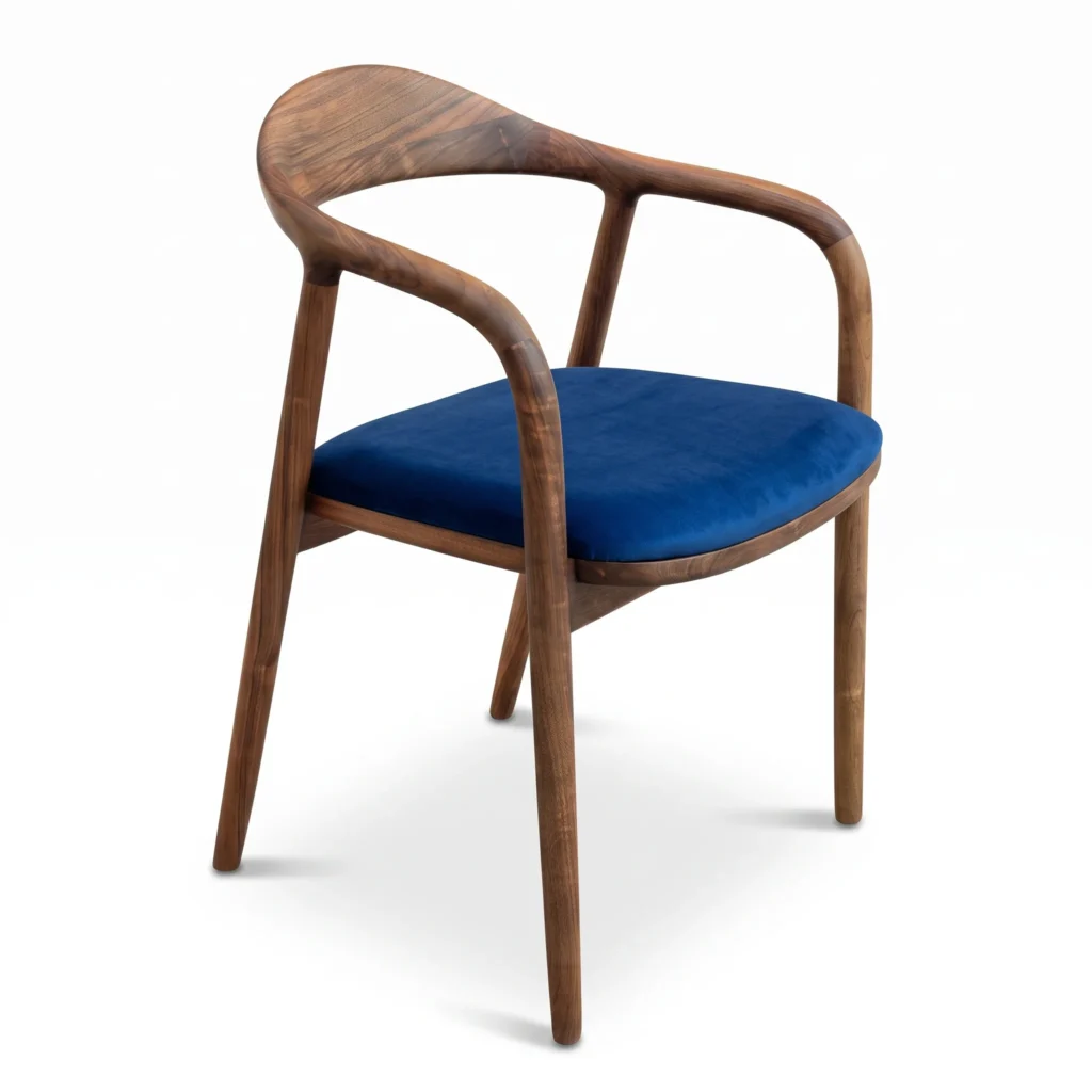 Heritage walnut dining chair showcasing ergonomic lumbar contour and tailored upholstery beside a dining table.