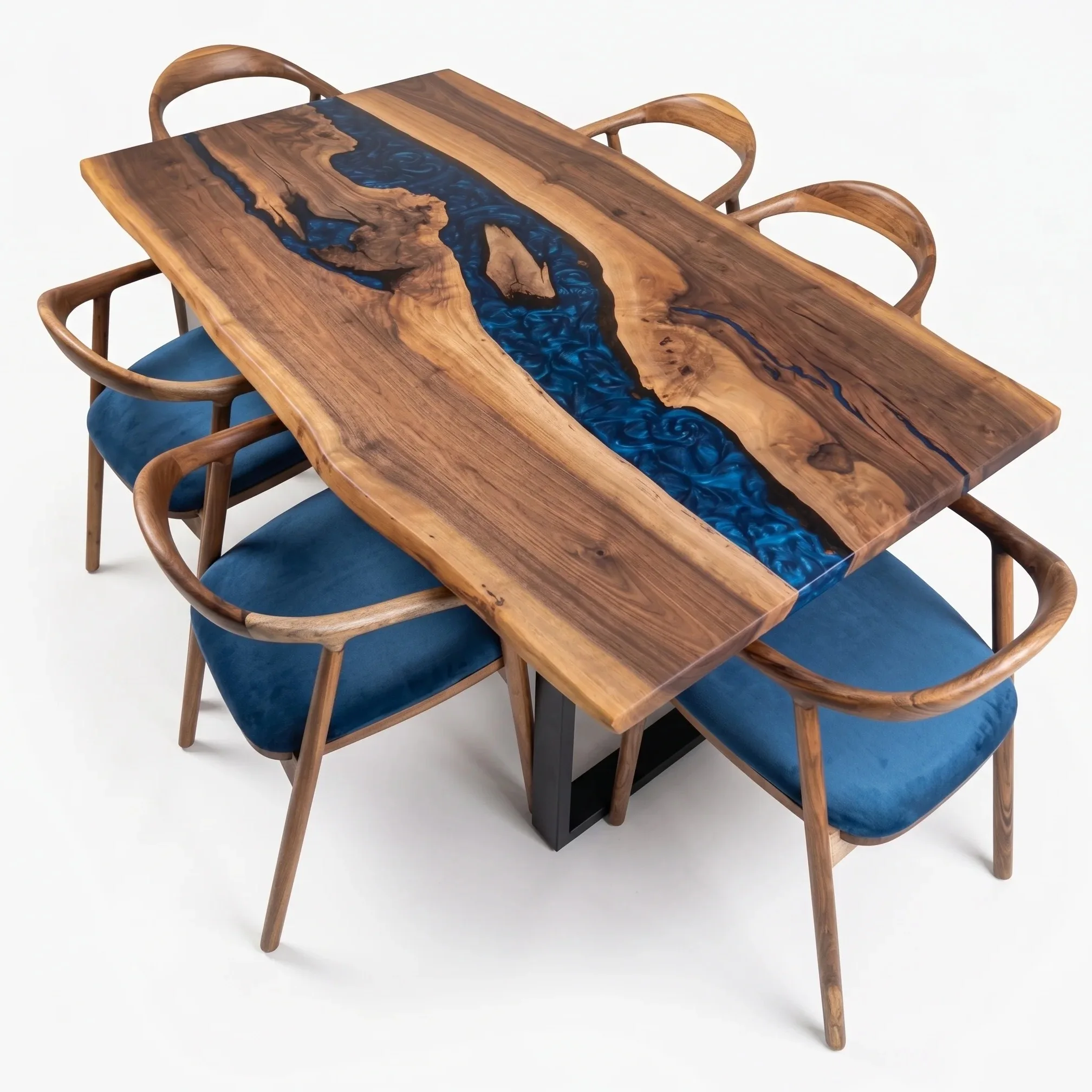 Handcrafted navy blue epoxy dining table with chairs featuring solid walnut top and 6 Heritage dining chairs on white background.