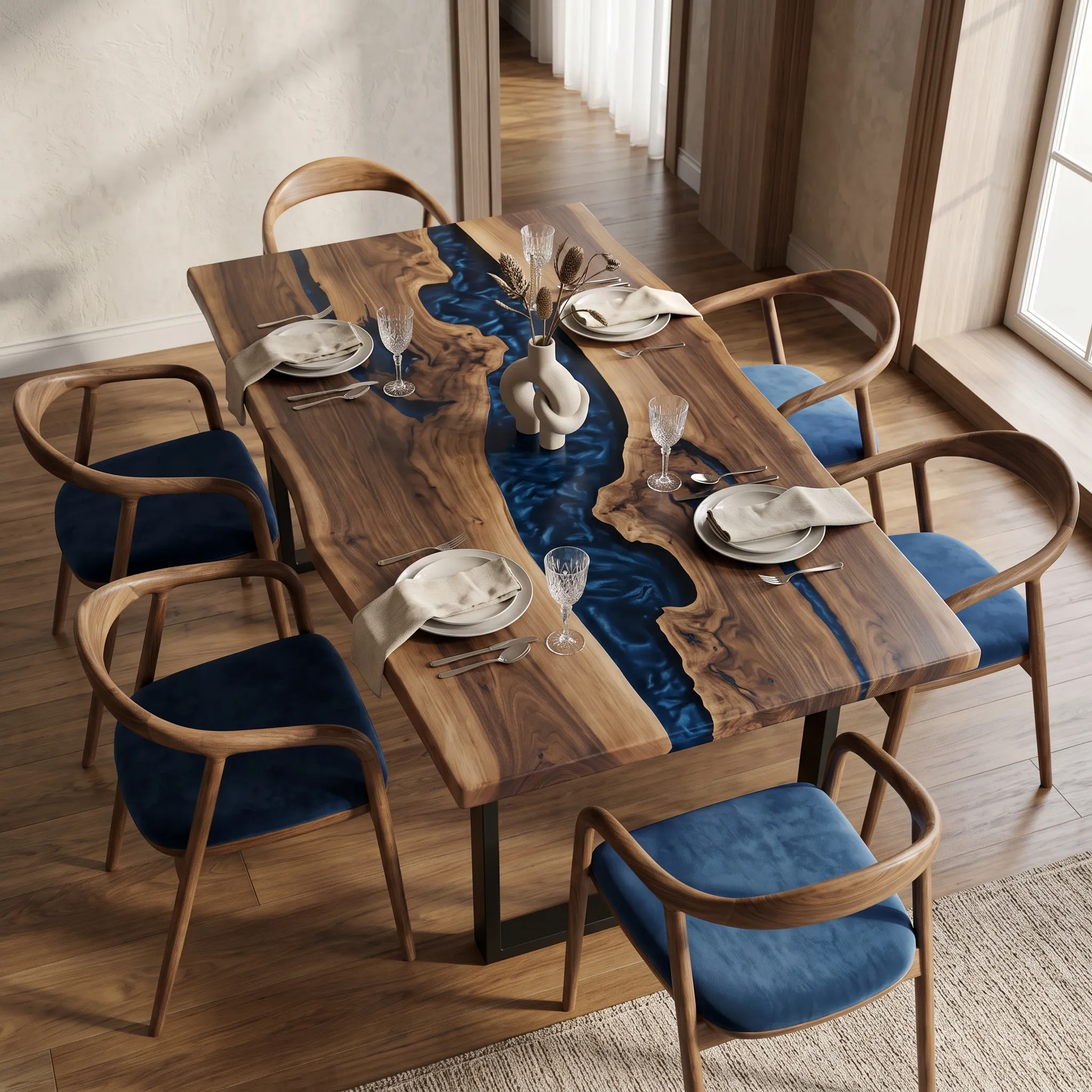Modern luxury dining room interior featuring a handcrafted navy blue epoxy dining table with chairs and warm ambient lighting.