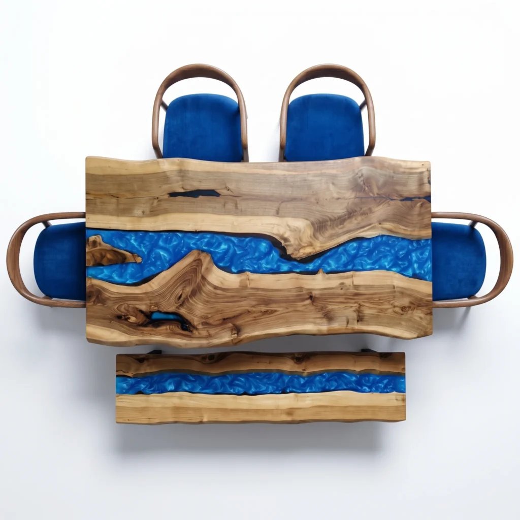 Navy blue epoxy river dining table styled with Heritage chairs and a solid walnut bench in an open-concept home.