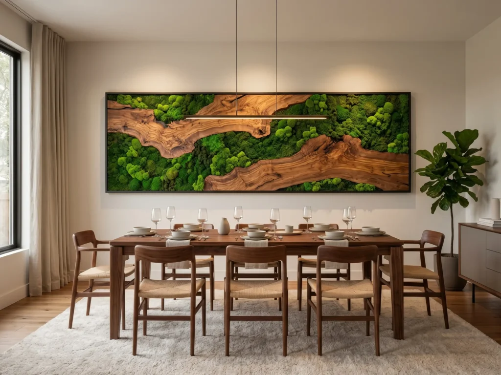 Panoramic preserved moss and wood wall art installation hanging behind a handcrafted walnut dining table.